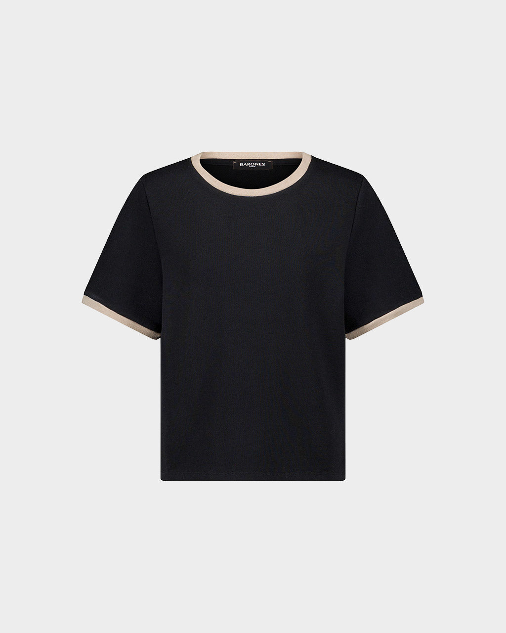 T-shirt Atlas BARONES – coton épais noir – bord côte beige